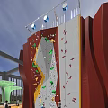 Colorful Holds On Red White Outdoor Climbing Wall Rooftop Structure With Railings