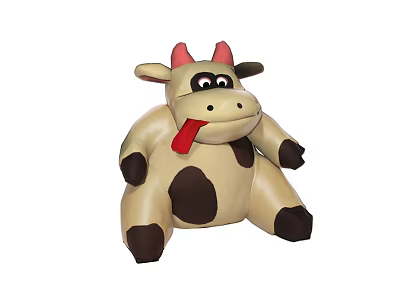 Cow Stuffed Toy With Red Horns Big Eyes Sticking Out Tongue Brown White Spots Sitting 3d model