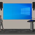 Modern Office Electronics Setup Featuring Large Screen Display Speakers And Touchscreen Podium 3d model