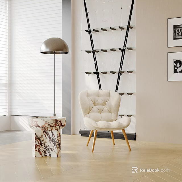 Modern Interior Space With White Tufted Armchair Marble Side Table And Floor Lamp 3d model 