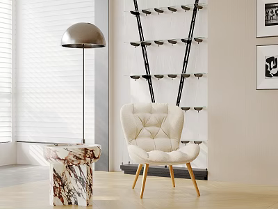Modern Interior Space With White Tufted Armchair Marble Side Table And Floor Lamp 3d model