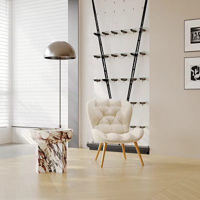 Modern Interior Space With White Tufted Armchair Marble Side Table And Floor Lamp 3d model