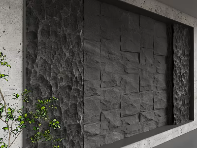 Modern Textured Gray Stone Feature Wall With Green Plants In Interior Design 3d model