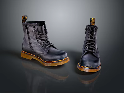 Shiny Black Leather High Top Boots With Yellow Soles And Lace Up Design 3d model