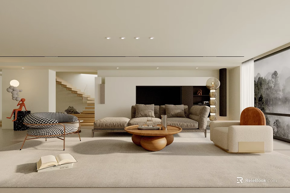 Modern Living Room Interior Design With Light Sofa Wooden Coffee Table And Floor Lamp 3d model 