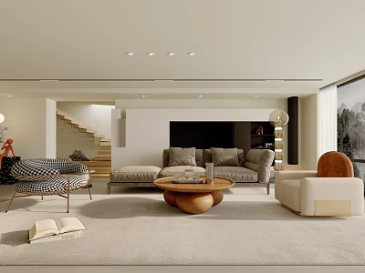 Modern Living Room Interior Design With Light Sofa Wooden Coffee Table And Floor Lamp 3d model