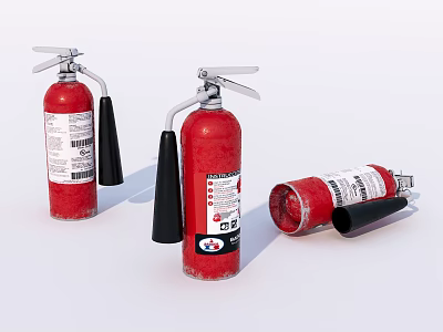 Red Fire Extinguishers With Labels Standing And Lying On White Surface 3d model