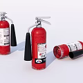 Red Fire Extinguishers With Labels Standing And Lying On White Surface