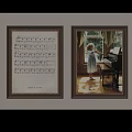 Abstract Framed Paintings With Sheet Music And Girl Playing Piano By Window