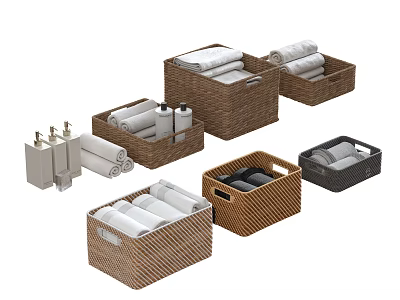 Soft Rolled Cotton Towels in Wicker Storage Baskets with Bathroom Essentials 3d model