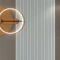 Modern Feature Wall With Wooden Striped Panels Circular Decorative Light Wall Sconces and Vases