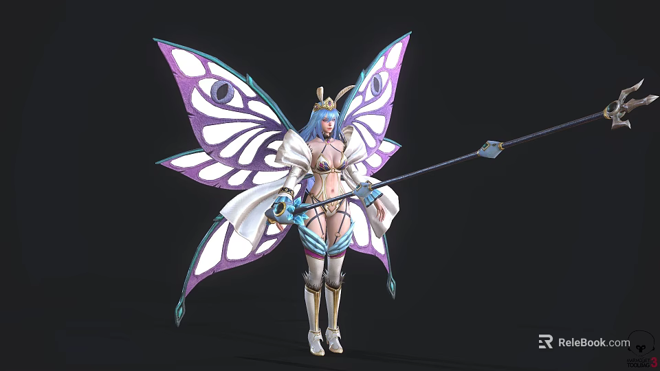 Fantasy Blue Haired Female Character With Purple White Butterfly Wings And Long Staff 3d model 