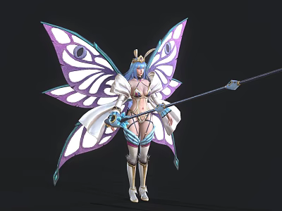 Fantasy Blue Haired Female Character With Purple White Butterfly Wings And Long Staff 3d model
