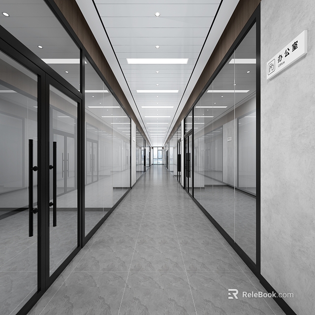 Modern Office Corridor With Glass Doors Ceiling Lights And Tile Flooring 3d model 