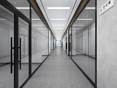 Modern Office Corridor With Glass Doors Ceiling Lights And Tile Flooring 3d model
