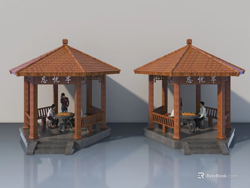 Traditional Chinese Pavilions With Red Tile Roofs And Wooden Structure 3d model 