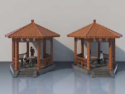 Traditional Chinese Pavilions With Red Tile Roofs And Wooden Structure 3d model