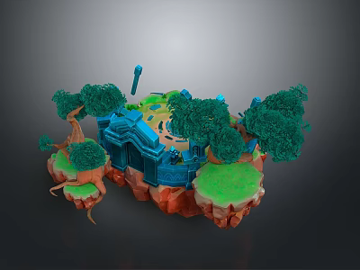 Scenic Floating Island Landscape With Green Trees Blue Building And Orange Rocks 3d model