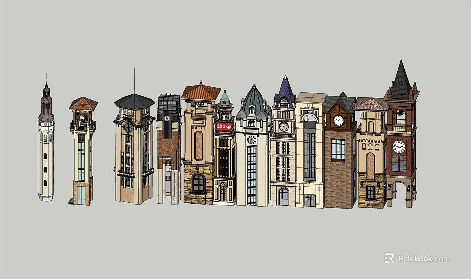 Diverse Architectural Towers Featuring Clock Elements And Varied Roof Designs 3d model 