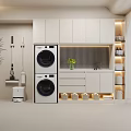 Modern Laundry Room White Storage Cabinets With Washing Machine Dryer Potted Plant And LED Lighting
