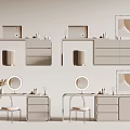 Modern Dressing Table with Round Mirror Drawers Chair and Decorative Painting