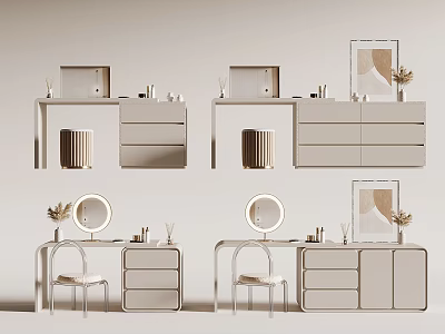 Modern Dressing Table with Round Mirror Drawers Chair and Decorative Painting 3d model