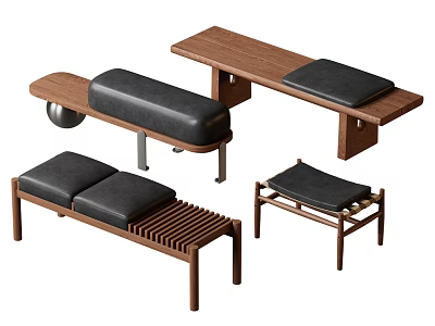 Modern Wooden Bench Seats With Black Cushions And Various Stylish Designs 3d model