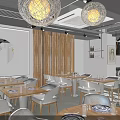 Modern Restaurant Interior With Wooden Panels Pendant Lights Dining Tables Chairs And Mirror