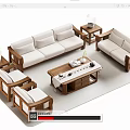 Wooden Frame Sofa Coffee Table Set With Light Colored Cushions And Side Tables 3d model
