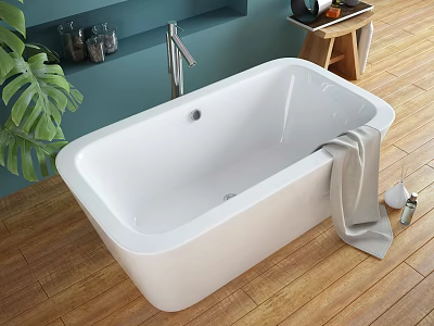 Modern White Freestanding Bathtub In Bathroom With Teal Wall Wooden Floor And Gray Towel 3d model