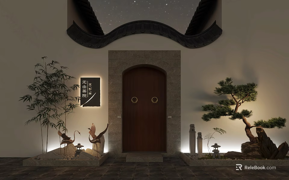 Traditional Chinese Entrance Gate With Wooden Door Bamboo Rockery And Starry Sky 3d model 
