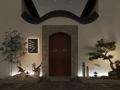Traditional Chinese Entrance Gate With Wooden Door Bamboo Rockery And Starry Sky 3d model