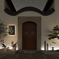 Traditional Chinese Entrance Gate With Wooden Door Bamboo Rockery And Starry Sky