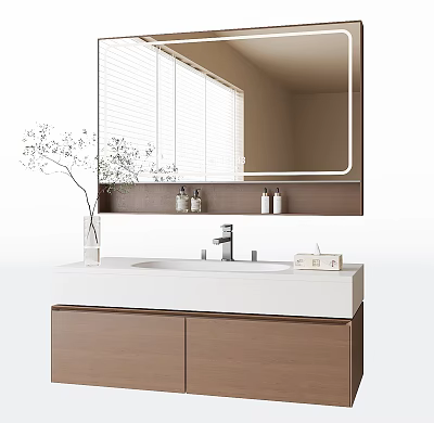 Bathroom Mirror in Modern Bathroom with Sink Cabinet Vase Plant Toiletries and Window Blinds 3d model