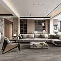 Elegant Modern Living and Dining Room With Sectional Sofa Marble Coffee Table And Dining Chairs