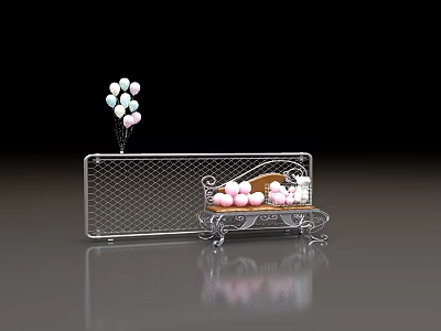 Interactive Area with Transparent Grid Structure Balloons Small Bench and Pink Spherical Objects 3d model