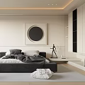 Modern Bedroom Interior With Platform Bed Circular Wall Art And Window Blinds 3d model