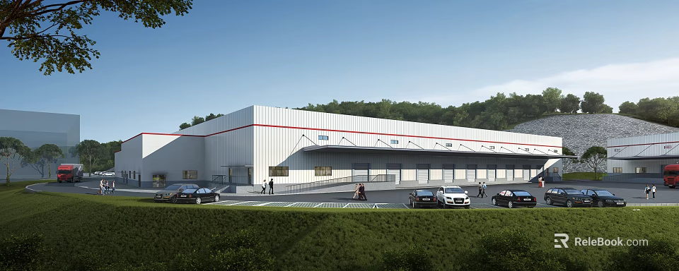 Modern Industrial Factory Building Exterior With Cars People Greenery And Red Accent Lines 3d model 