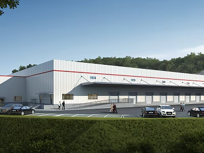 Modern Industrial Factory Building Exterior With Cars People Greenery And Red Accent Lines 3d model