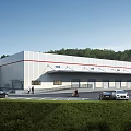 Modern Industrial Factory Building Exterior With Cars People Greenery And Red Accent Lines