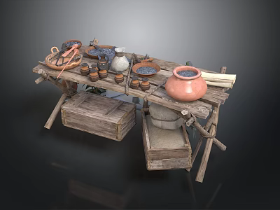 Rustic Wooden Workbench With Clay Pots Tools And Wooden Storage Boxes 3d model