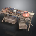 Rustic Wooden Workbench With Clay Pots Tools And Wooden Storage Boxes