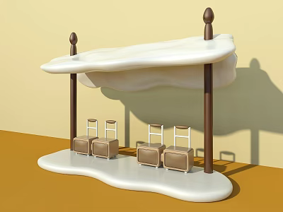 Creative Bus Station With White Canopy Brown Pillars Seats And Luggage 3d model