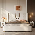 Modern Bedroom Interior With White Geometric Headboard Floor-to-Ceiling Window Wooden Wall Nightstand And Table Lamp