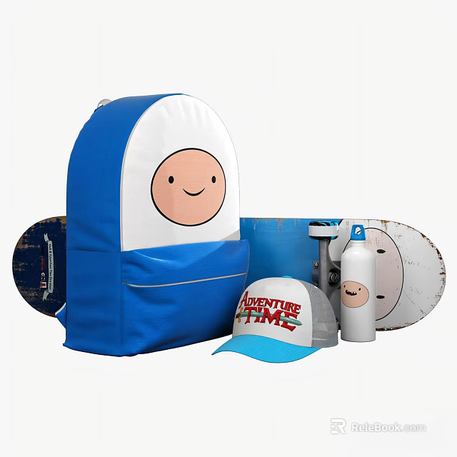 Adventure Time Hat With Blue White Smiley Backpack Skateboard And Water Bottle 3d model 