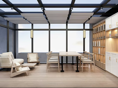 Relaxing Lounge Area Interior Design With Glass Roof Sunshades Large Windows White Sofas And Bookshelves 3d model