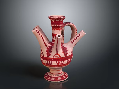 Traditional Ceramic Sculpture Carving With Multiple Spouts And Red Artistic Patterns 3d model