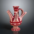 Traditional Ceramic Sculpture Carving With Multiple Spouts And Red Artistic Patterns