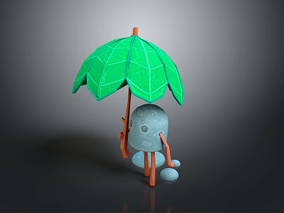 Cute Small Gray Creature Holding Green Leaf Shaped Umbrella Standing On Dark Background 3d model