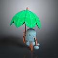 Cute Small Gray Creature Holding Green Leaf Shaped Umbrella Standing On Dark Background